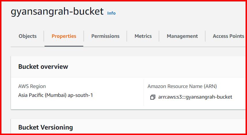 Picture showing the Properties tab of the bucket details screen